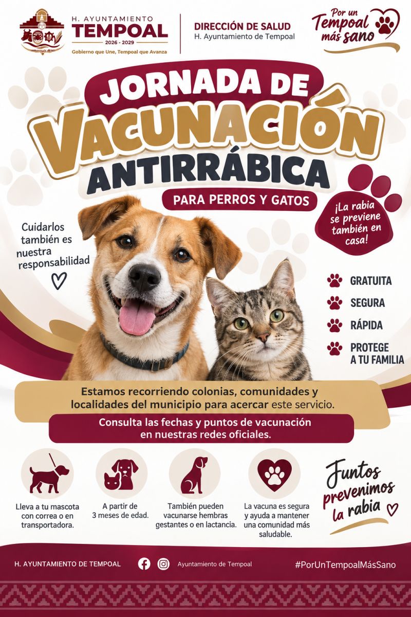 Tempoal fortalece la prevención de la rabia con jornadas de vacunación antirrábica